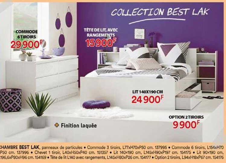 commode 6 tiroirs, tête de lit, avec rangements, lit 140 x 190 cm, option 2 tiroirs