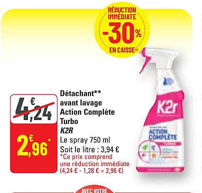 détachant avant lavage action complète turbo k2r