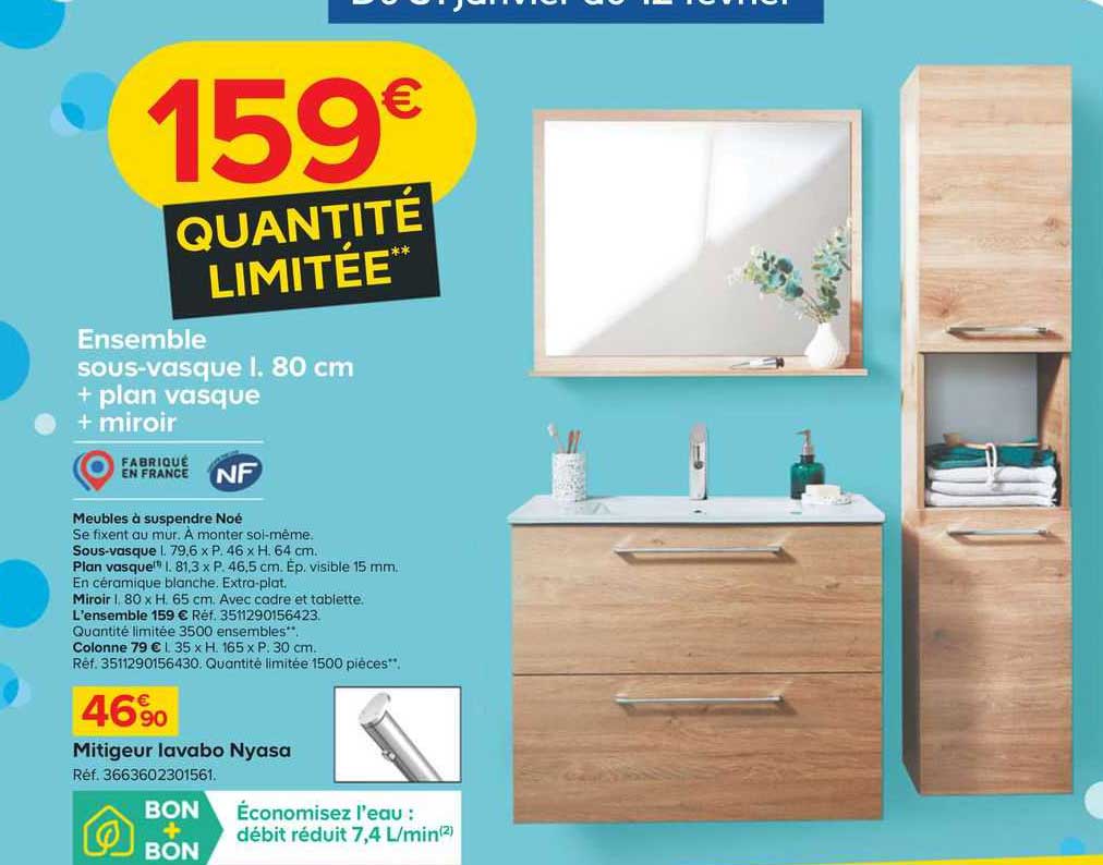 ensemble sous-vasque l. 80 cm + plant vasque + miroir, mititeur lavabo nyasa