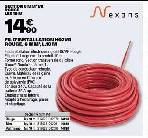 fil d'installation h07vr rouge, 6 mm² l10m nexans