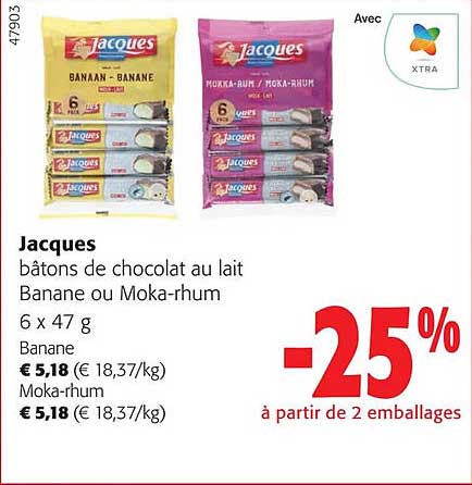 jacques bâtons de chocolat au lait banane ou moka-rhum