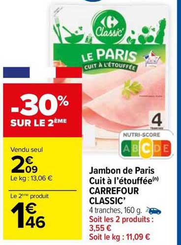 Jambon De Paris Cuit à L'étouffée Carrefour Classic