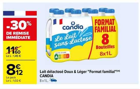 lait délactosé doux & léger "format familial" candia