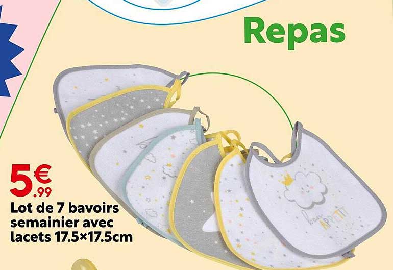 lot de 7 bavoirs semainier avec lacets 71.5x17.5cm