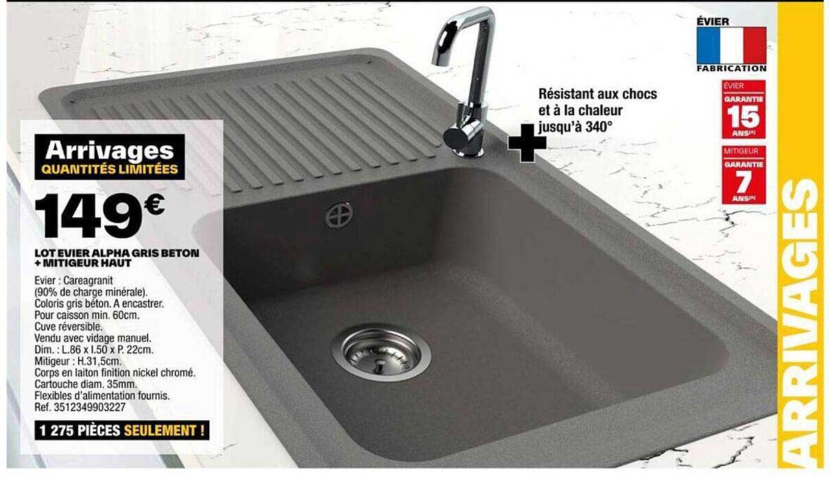 lot evier alpha gris beton + mitigeur h aut