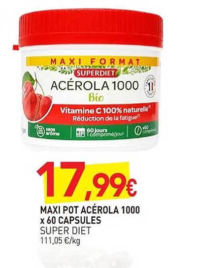 maxi pot acérola 1000 x 60 capsules super diet