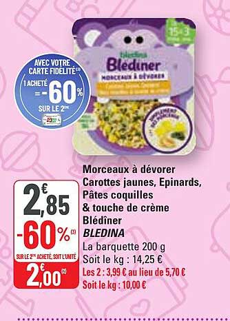 morceaux à dévorer carottes jaunes, épinards, pâtes coquilles & touche de crème blédîner blédina