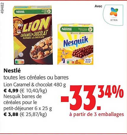 nestlé toutes les céréales ou barres lion caramel & chocolat