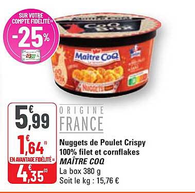 nuggets de poulet crispy 100% filets et cornflakes maître coq