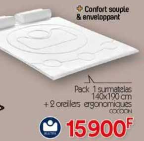 pack 1 surmatelas 140x190 cm + 2 oreillers ergonomiques cocoon
