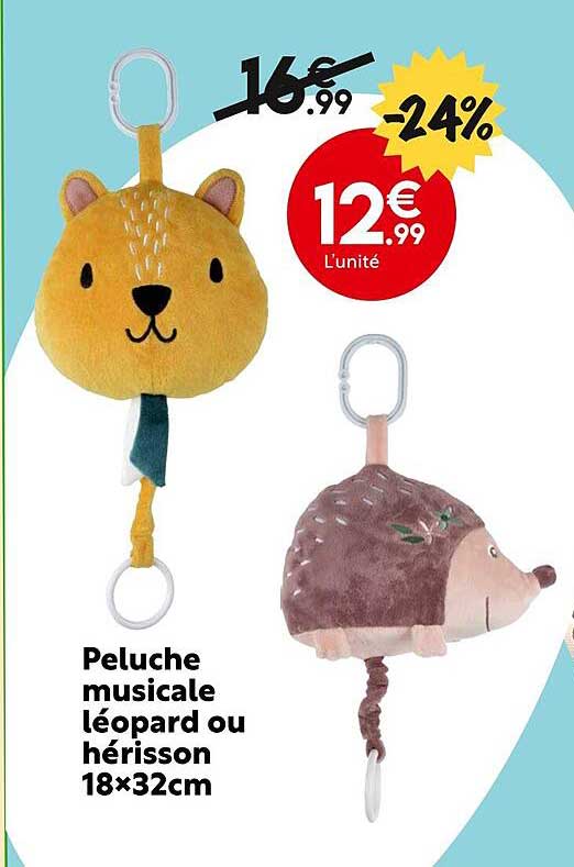 peluche musicale léopard ou hérisson 18 x 32 cm