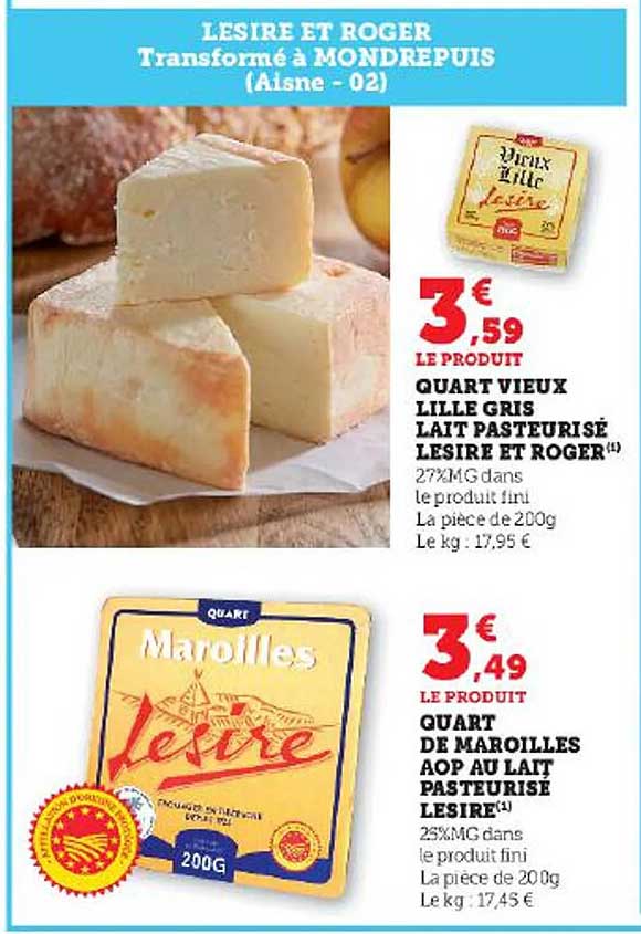 quart vieux lille gris lait pasteurisé lesire et roger, quart de maroilles aop au lait pasteurisé lesire