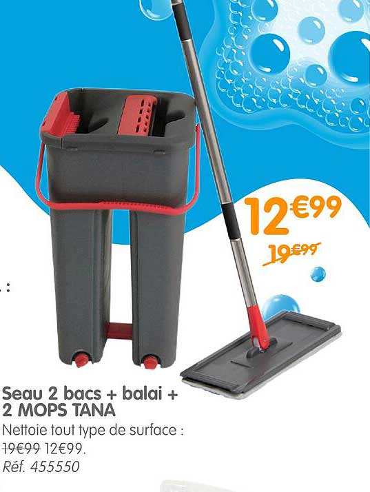 seau 2 bacs + balai + 2 mops tana
