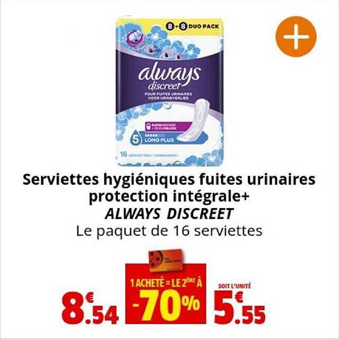 serviettes hygiéniques fuites urinaires protection intégrale+always discreet