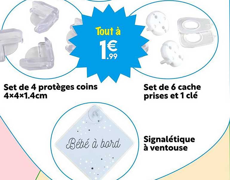 set de 4 protèges coins 4x4x1.4cm, set de 6 cache prises et 1 clé ou signalétique à ventouse