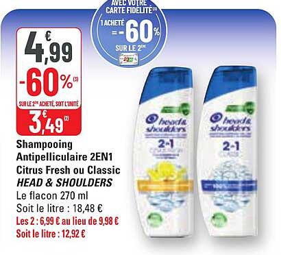 shampooing antipelliculaire 2 en 1 citrus fresh ou classic head & shoulders