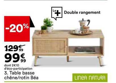 table basse chêne/rotin béa linea natura