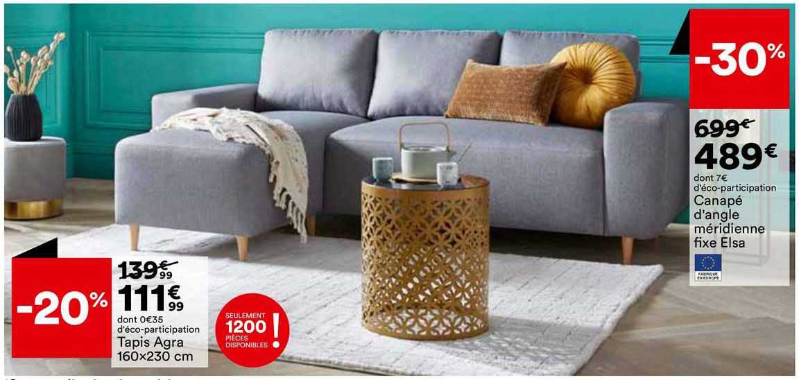 tapis arga 160x230 cm canapé d'angle méridienne fixe elsa