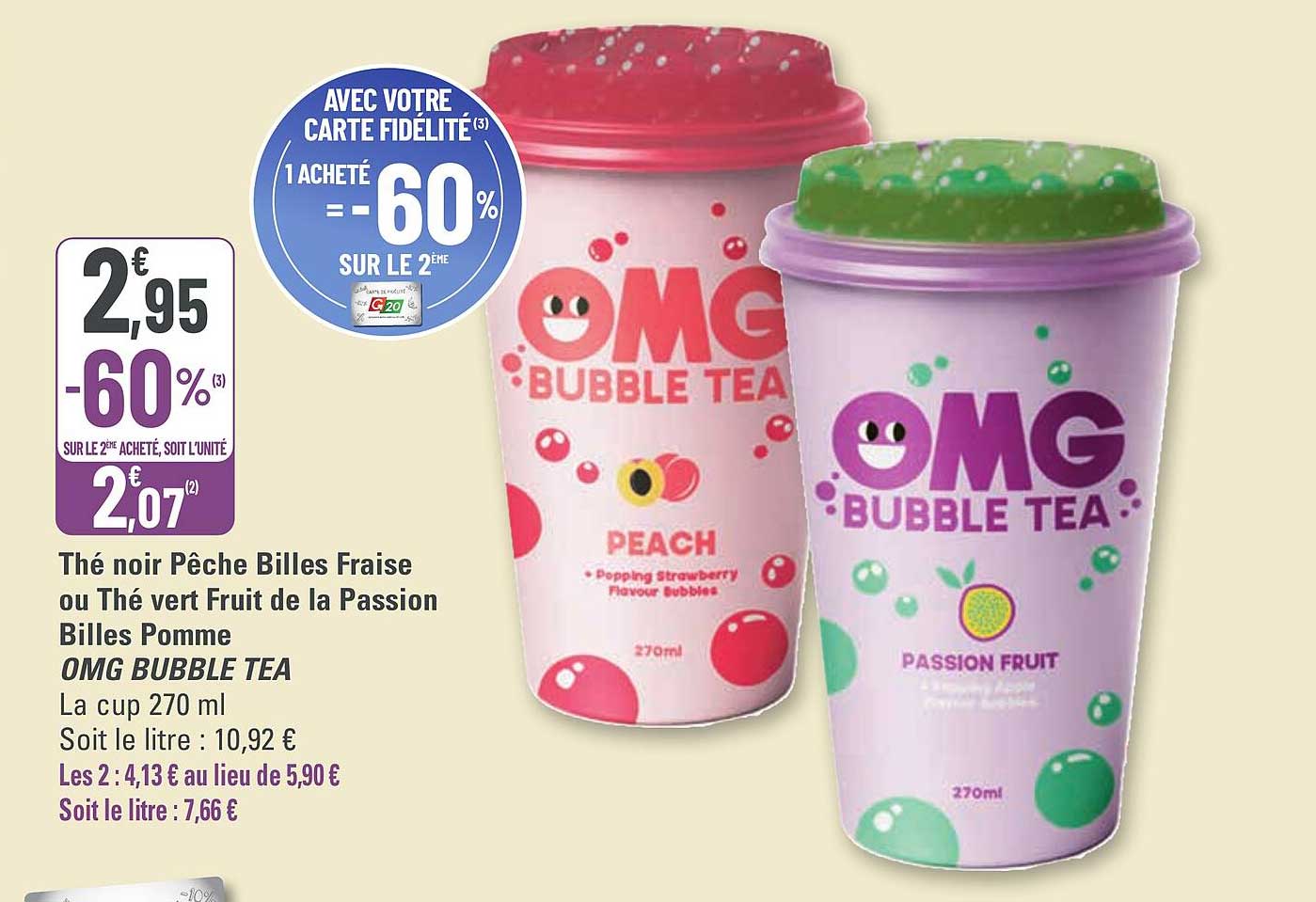 thé noir pêche billes fraise ou thé vert fruit de la passion billes pomme omg bubble tea