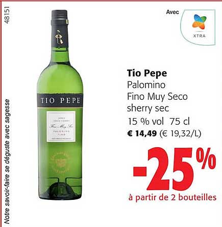 tio pepe palomino fino muy seco sherry sec 15% vol