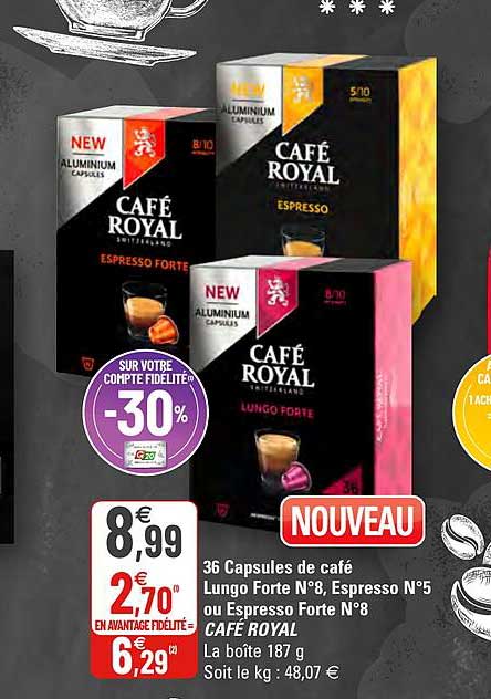 36 capsules de café lungo forte n°8, espresso n°5 ou espresso forte n°8 café royal