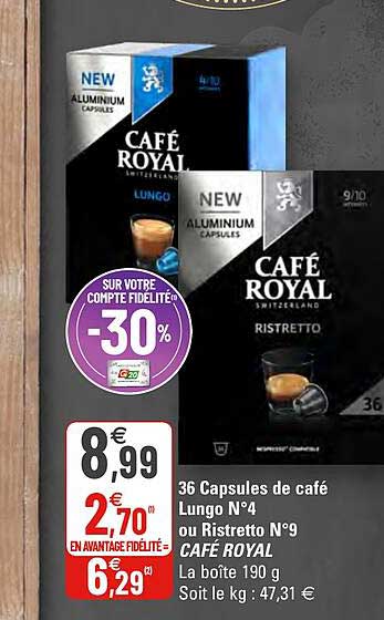 36 capsules de café lungo n°4 ou ristretto n°9 café royal