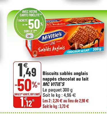 biscuits sablés anglais nappés chocolat au lait mc vitie's