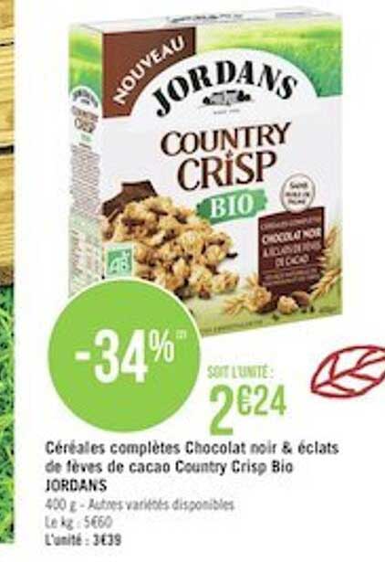 céréales complètes chocolat noir & éclats de fèves de cacao country crisp bio jordans