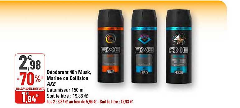 déodorant 48h musk, marine ou collision axe