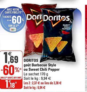 doritos goût barbecue style ou sweet chili pepper