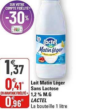 lait matin léger sans lactose 1,2% m.g. lactel
