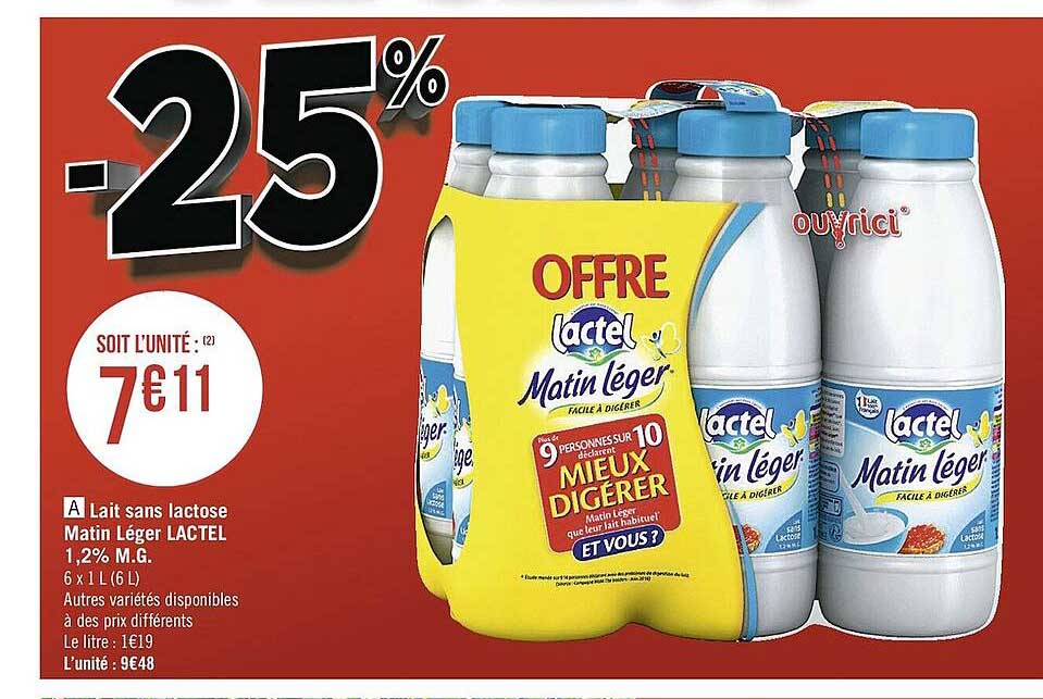 lait sans lactose matin léger lactel 1,2% m.g.