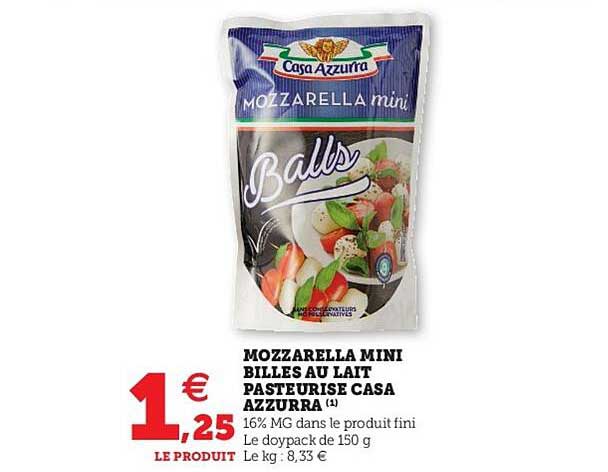 mozzarella mini billes au lait pasteurisé casa azzurra