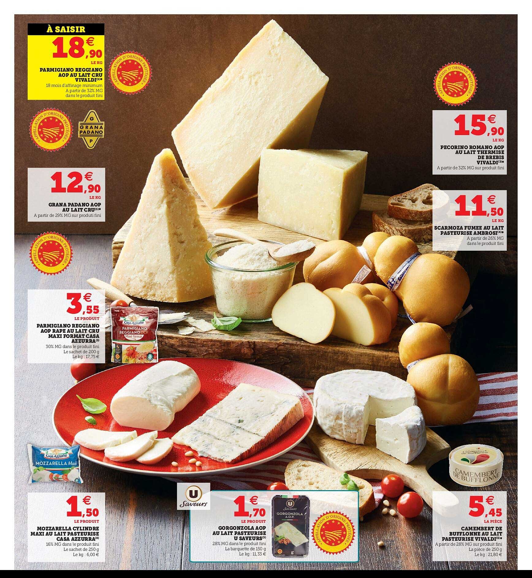parmigiano reggiano aop au lait crue vivaldi, grana padano aop au lait cru, pecorino romano, scarmoza fumée au lait pasteurisé ambrosi, cammembert de bufflonne au lait pasteurisé vivaldi