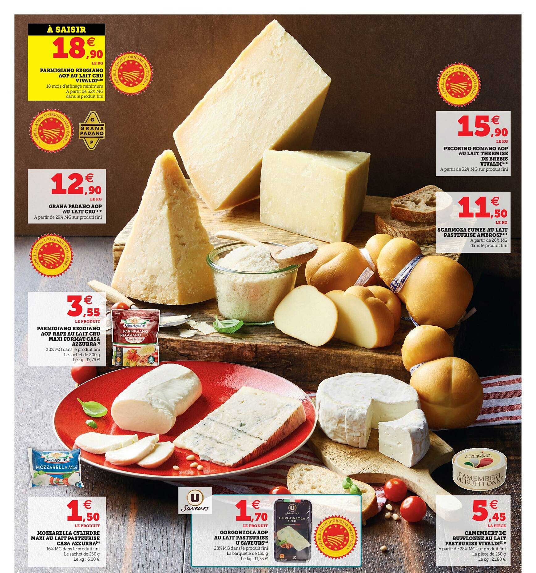 parmigiano reggiano aop au lait lait cru vivaldi, grana padano aop au lait cru, parmigiano reggiano aop râpé au lait cru maxi format casa azzurra, mozzarella cylindre maxi au lait pasteurisé