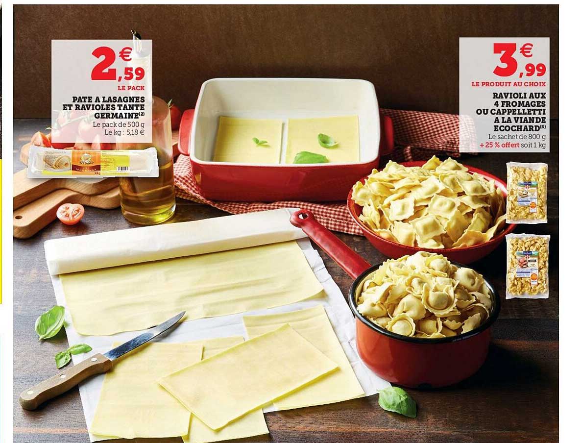 pâte à lasagne et ravioles tante germaine, ravioli aux 4 fromages ou cappelletti à la viande ecochard