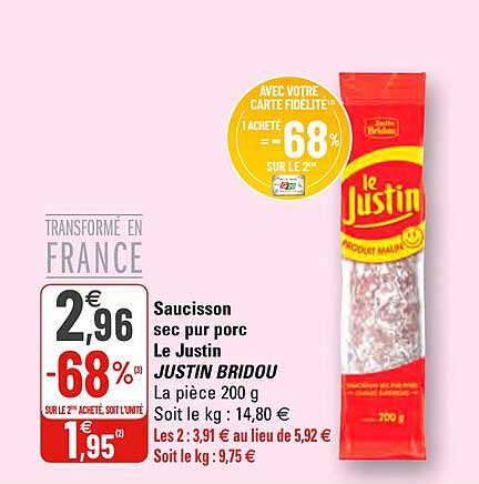 saucisson sec pur porc le justin justin bridou