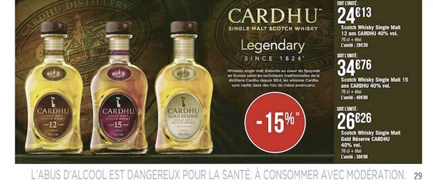 scotch whisky single malt 12 ans cardhu 40% vol. , scotch whisky single malt 15 ans cardhu 40% vol., scotch whisky single malt gold réserve cardhu 40% vol