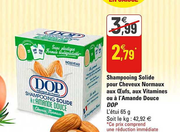 shampooing solide pour cheveux normaux au oeufs, aux vitamines ou à l'amande douce dop