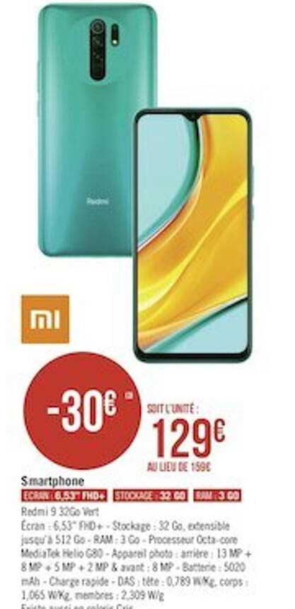 smartphone redmi 9 32go vert  xiaomi