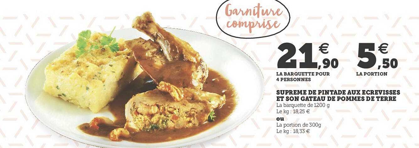 suprême de pintade aux écrevisses et son gâteau de pommes de terre