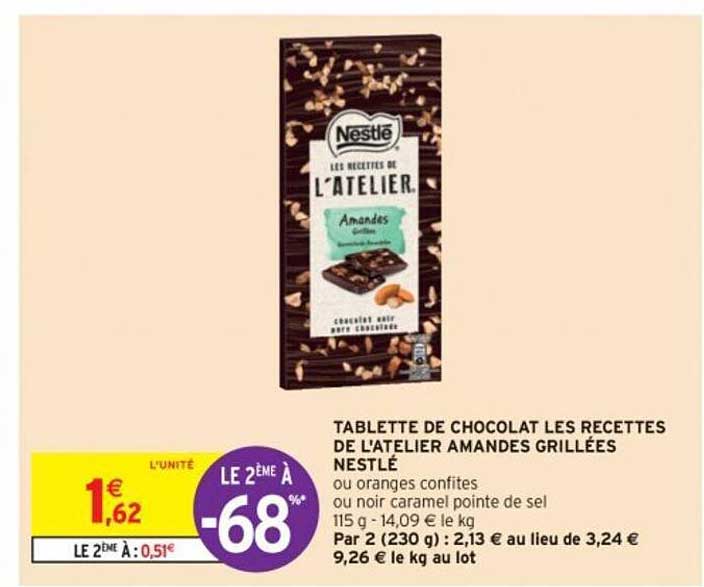 tablette de chocolat les recettes de l'atelier amandes grillées nestlé