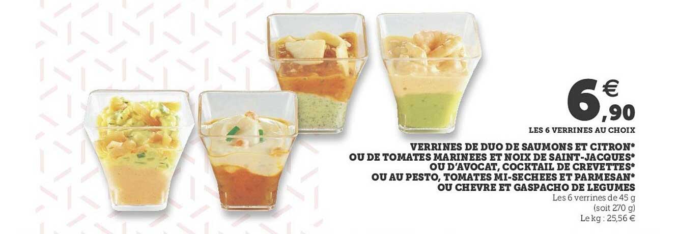 verrines de duo de saumon et citron ou de tomates marinées et noix de saint-jacques ou d'avocat, cocktail de crevettes ou au pesto, tomates mi-séchées et parmesan ou chèvre et gaspacho de légumes