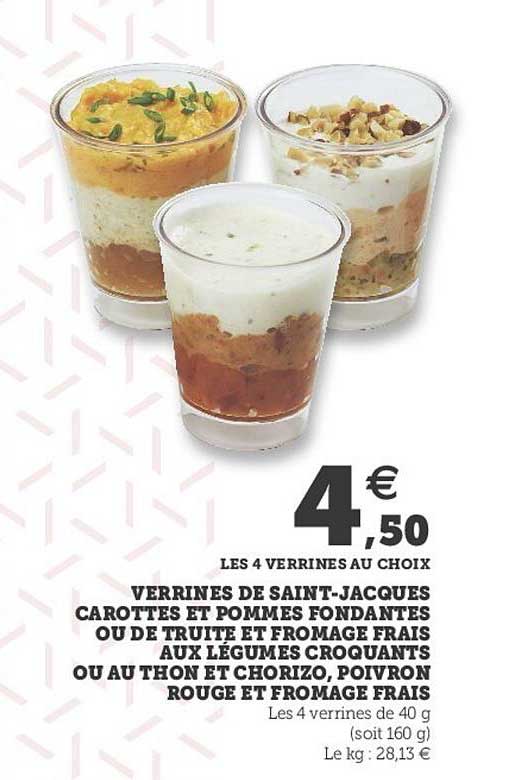 verrines de saint-jacques carottes et pommes fondantes ou de truite et  fromage frais aux légumes croquants ou au thon et chorizo, poivron rouge et fromage frais