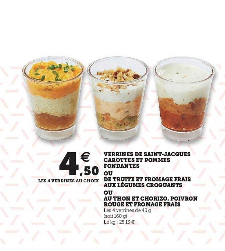 Verrines De Saint-jacques Carottes Et Pommes Fondantes Ou De Truite Et Fromage Frais Ou Au Thon Et Chorizo, Poivron Rouge Et Fromage Frais