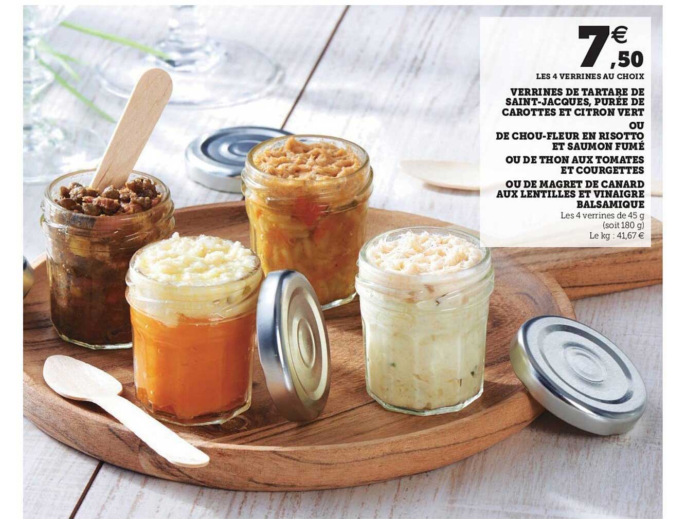 verrines de tartare de saint-jacques, purée de carottes et citron vert ou de chou-fleur en risotto et saumon fumé ou de thon aux tomates et courgettes