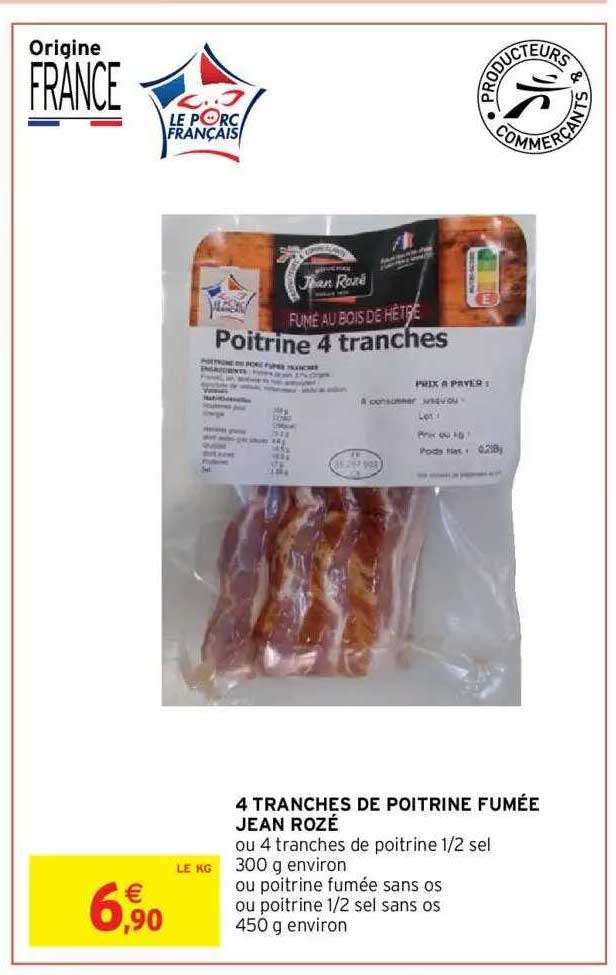 4 tranches de poitrine fumée jean rozé
