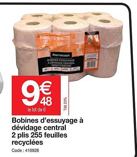 Bobines D'essuyage à Dévidage Central 2 Plis 255 Feuilles Recyclées