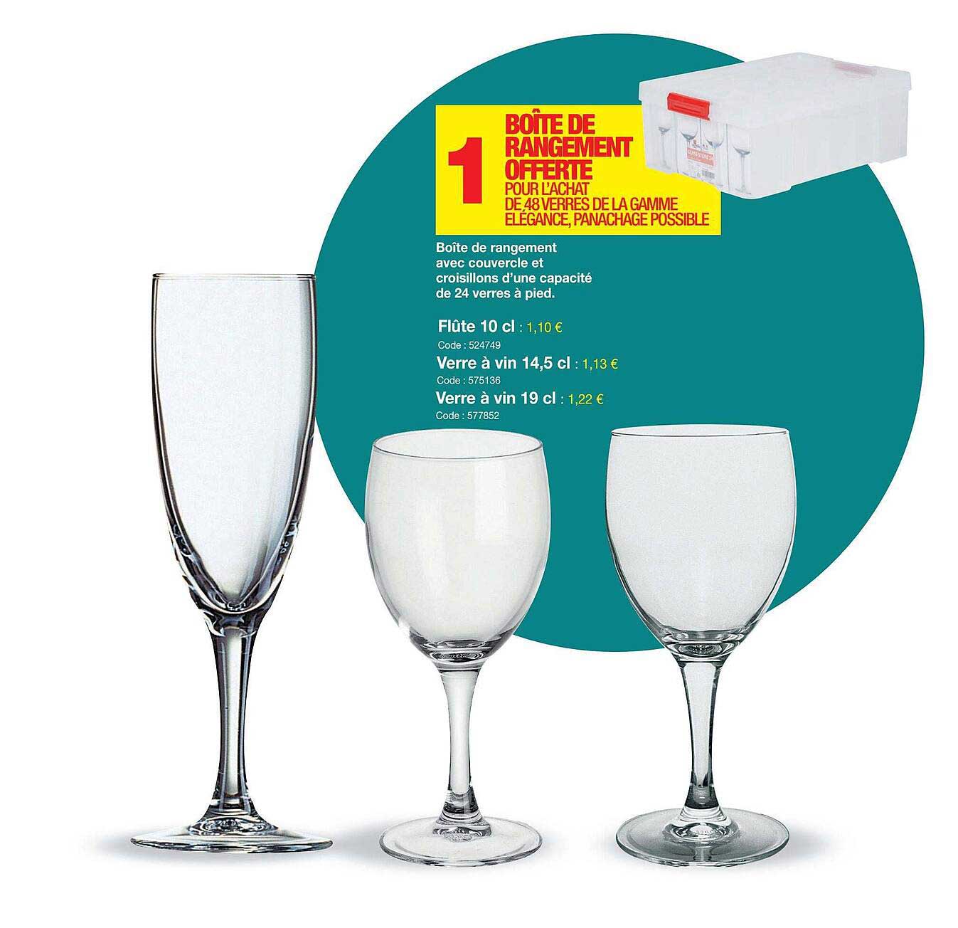 boîte de rangement avec couvercle et croisillons d'une capacité de 24 verres à pied, flûte 10 cl, verre à vin 14,5 cl, verre à vin 19 cl