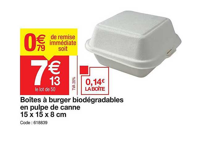 boîtes à burger biodégradable en pulpe de canne 15 x 15 x 8 cm